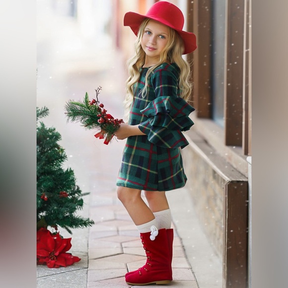 Mia Belle Girls Under the Mistletoe Tiered Sleeve Miya Dress in green plaid - Picture 3 of 13